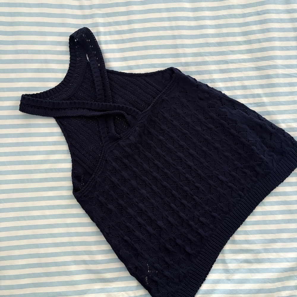Sezane Jessica Knit Top Halter Cross Back Top Cotton Blend In Navy Size M NWOT - Picture 5 of 10